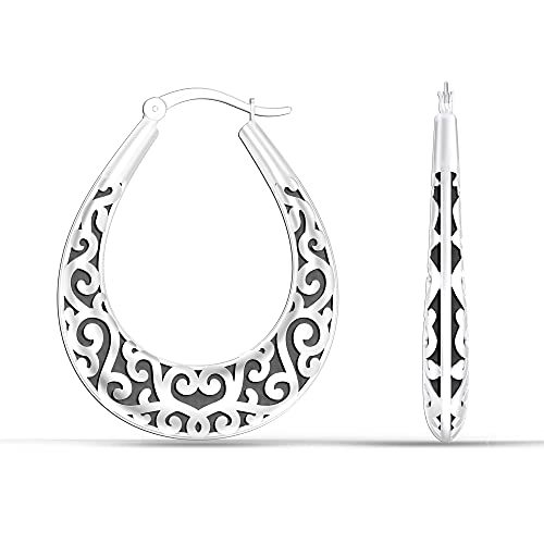 LeCalla 925 Sterling Silver Hoop Earrings for Women | Bali-Style Italian Antique Click-Top Hoop Earrings | Lightweight Vintage Hoop Earring Jewelry Gifts for Women - color: Antique Hoops-03