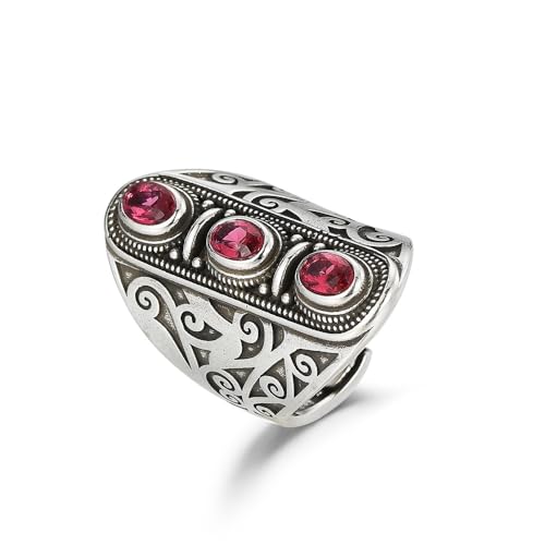 Vintage Silver Engraved Statement Big Ring for Women Men Antique 3 Stone Ruby Diamond Cut Oval Gemstone Cocktail Court Ring Art Deco Boho Open Wide Band Cocktail Anniversary Ring
