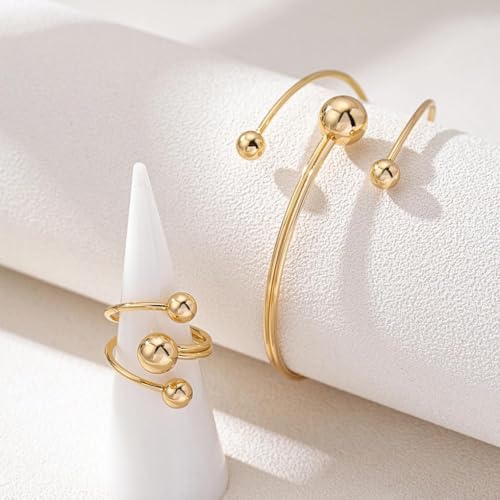 Rrdaily Layered Gold Plated Sphere Spiral Bangle Rings Set for Women,Open Twisted Geometric Wrist Cuff Bracelets Punk Party Accessories Trendy Jewelry Present