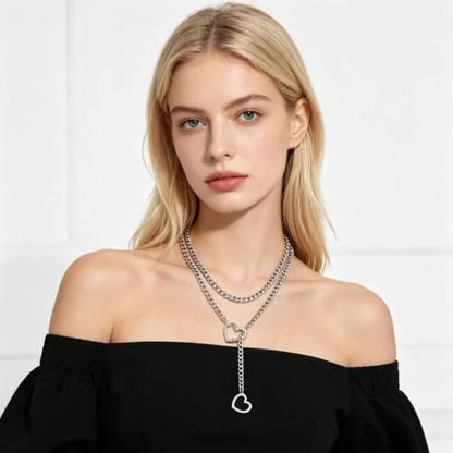 Heart Slip Chain Necklace for Women, 36 Inch Gothic Punk Cuban Chain, Removable Black Heart O-Ring, Detachable Heart Pendant, Adjustable Stainless Steel Y-Necklace. - color: Silver Heart-2
