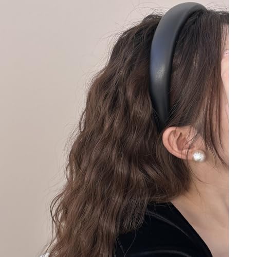 3 Pack Padded Leather Headbands for Women - Fashion Wide Non-Slip Hair Hoops - color: Black, white,Brown-B