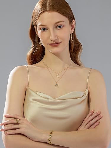 Celestial Star Moon Pendant Necklaces for Women Trendy, 14K Gold Plated Dainty Charm Necklaces with Green Blue Zircon, Gold Pendant Necklace for Wedding & Everyday Wear - style: Moon & Star Layered Necklace