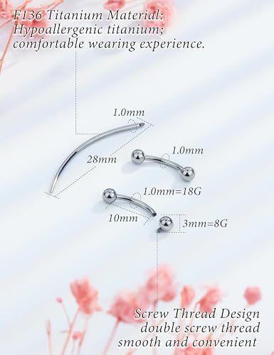 Eyebrow Piercing Jewelry F136 Titanium Internally & externally Threaded Curved Barbell Vertical Labret Lip Jewelry Ear Rook Navel Belly Button Ring Women Men 20g 18g 16g 6mm/8mm/10mm/12mm - color: 10mm 18G Internal Thread Titanium Ball Eyebrow Rings
