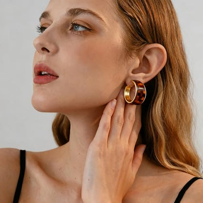 18mm Wide Thick Resin Hoop Earrings for Women Hypoallergenic Sterling Silver Pin Chunky Acrlic Geometric Lightweight Huggie Hoops Earring Retro Birthday Christmas Jewelry Boho Statement - color: Brown