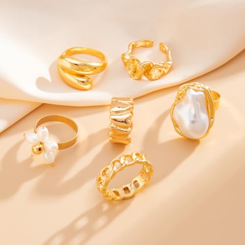 Gold Rings for Women Non Tarnish Boho Stackable Adjustable Open Rings Set Finger Knuckle Stacking Ring Packs Jewelry Gift - color: Gold Flower Chunky Rings 6Pcs