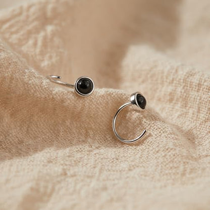 CHIC & ARTSY 925 Sterling Silver Half Hoop Earrings for Women, Dainty Huggie Hoops with Synthetic Opal, Moonstone, CZ & Gemstones, Lightweight Comfort Fit Everyday Elegant Jewelry - color: Synthetic Black Onyx /Silver