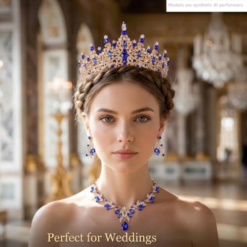 Kamirola Tiaras and Crowns for Women,Tiaras Earrings Necklace, Crystal Bridal Jewelry Set, Costume Jewelry for Women Party Halloween Prom Pageant - color: GOLD BLUE