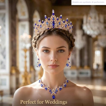 Kamirola Tiaras and Crowns for Women,Tiaras Earrings Necklace, Crystal Bridal Jewelry Set, Costume Jewelry for Women Party Halloween Prom Pageant - color: GOLD BLUE
