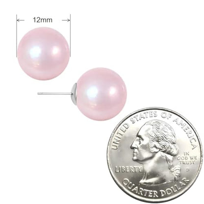 Light Pink Faux Pearl Stud Earrings, S925 Silver Posts Hypoallergenic for Women - size: 12mm