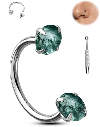 Jewseen Titanium Horseshoe Nose Ring 18G Double Gem Nose Ring for Women 6MM/7MM/8MM Internally Threaded Lip Septum Piercing Jewelry Horseshoe Helix/Daith/Tragus Earring for Women - color: Moss Agate, size: 1.0*7mm