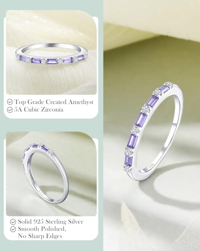 925 Sterling Silver 1.5mm Thin Baguette Stackable Rings for Women | Created Ruby/Sapphire/Emerald/Cubic Zirconia,Dainty Wedding Band Birthday Anniversary Jewelry(with Gift Box) - color: 01-Created Amethyst & CZ