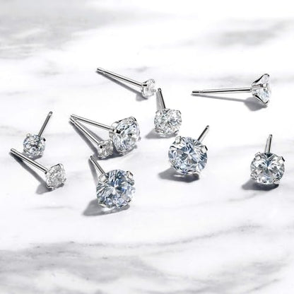 Kainier Women's 14K Gold Plated CZ Stud Earrings Simulated Diamond Round Cubic Zirconia Ear Stud Set（5 Pairs)… - color: CZ-Sliver-Plated