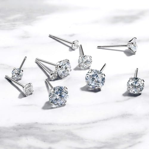 Kainier Women's 14K Gold Plated CZ Stud Earrings Hypoallergenic studs | 5 Pairs Simulated Diamond Round Cubic Zirconia Ear Stud Set for Multiple Piercing, 3/4/5/6/7mm Everyday Studs - color: CZ-Sliver-Plated