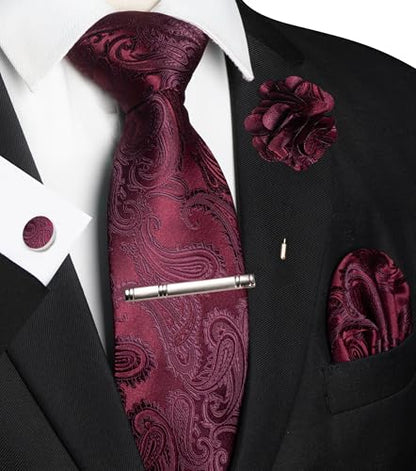 JEMYGINS Mens Paisley Tie and Pocket Square,Lapel Pin,Cufflinks,Tie Clip Sets with Gift Box 5PCS - color: Maroon