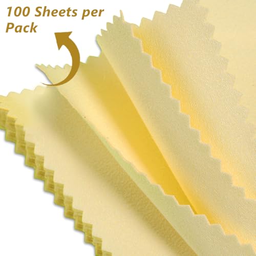 100pcs Premium Jewelry Polishing Cloth, Individually Wrapped Microfiber Cloths for Cleaning Silver, Gold, and More (Yellow, 3.15" x 3.15")