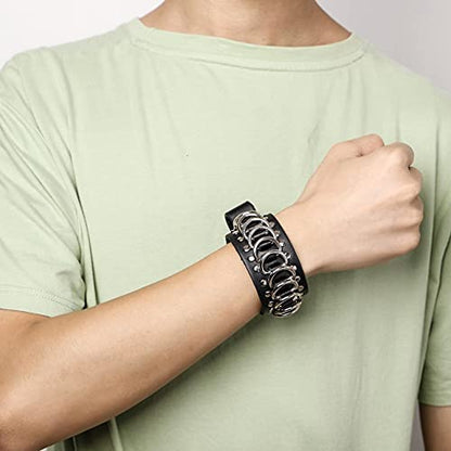 Eigso Punk Leather Studded Rock Bracelet for Men Women Gothic Rivets Y2K Black Wristband for Man Woman - color: Black
