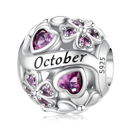 HappyStar 925 Sterling Silver Four Leaf Clover Bead Charm with Cubic Zirconia Birthstone Charms for Bracelets Dangle Pendant Compatible Pandora Bracelets Lucky Charm Birthday Gift - color: 91-October Birthstone Bead