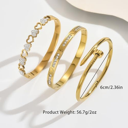 Gold Bangle Bracelets Set Stainless Steel Heart Stack Bracelet Hypoallergenic Dainty Bracelet For Women - color: 3pcs Set