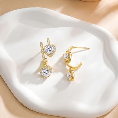 SAVORI 14K Gold Plated Heart CZ Drop Earrings for Women, 925 Sterling Silver Half Hoop Huggie Earrings with Dangling Heart Halo CZ Charm, Hypoallergenic Love Dangle Earrings, Everyday & Bridal Jewelry Gifts - color: Gold