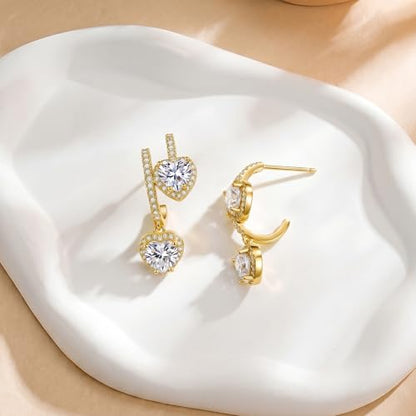 SAVORI 14K Gold Plated Heart CZ Drop Earrings for Women, 925 Sterling Silver Half Hoop Huggie Earrings with Dangling Heart Halo CZ Charm, Hypoallergenic Love Dangle Earrings, Everyday & Bridal Jewelry Gifts - color: Gold