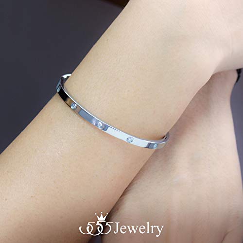 555Jewelry Womens Sparkling Cubic Zirconia Secure Hinge Lock Bangle Stainless Steel Bracelet - color: Silver