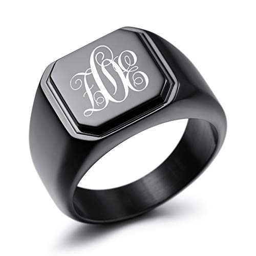MeMeDIY Personalized Engraved Initial Monogram Signet Ring for Men Women Customize Stainless Steel Wedding Letter Rings Jewelry Bundle with Ring Size Adjusters - color: B3: Black - Monogram