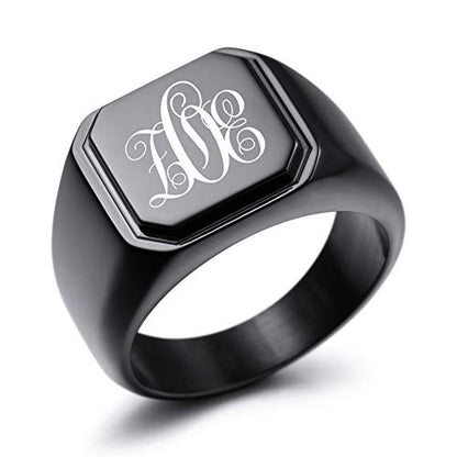 MeMeDIY Personalized Engraved Initial Monogram Signet Ring for Men Women Customize Stainless Steel Wedding Letter Rings Jewelry Bundle with Ring Size Adjusters - color: B3: Black - Monogram