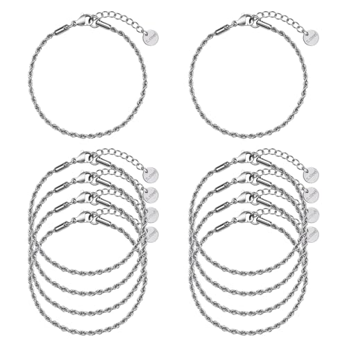 UMAOKANG 10 Pack Stainless Steel Rope Chain Bracelets for Jewelry Making | Adjustable Silver Hand Chains Bracelet Bulk Permanent Jewelry Supplies - color: 10pcs Rope Steel