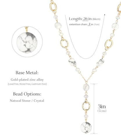 FULU AUTUMN Long Gold Beaded Necklaces for Women Natural Stone Bead Statement Pendant Necklace Y Sweater Chain Fashion Jewelry Gifts - color: White