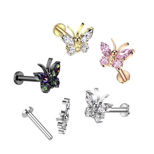 Pierced Owl 16GA ASTM F-136 Implant Grade Titanium Internally Threaded CZ Crystal Butterfly Flat Back Stud - style: Silver Tone/Clear