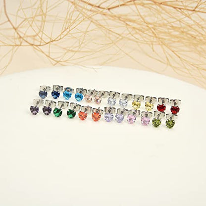 12 Pairs 18K Gold Plated Surgical Stainless Steel Stud Earrings, Star Heart Square Stud Earring for Women, Cubic Zirconia Birthstone Stud Earrings Set - color: Silver heart 5mm