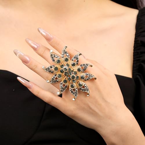 Elegant Big Crystal Flower Ring for Women Gold Rhinestone Floral Rings Open Finger Adjustable Crystal Flower Statement Ring Jewelry for Bridal Wedding - color: Flower 2 - grey