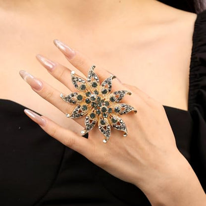 Elegant Big Crystal Flower Ring for Women Gold Rhinestone Floral Rings Open Finger Adjustable Crystal Flower Statement Ring Jewelry for Bridal Wedding - color: Flower 2 - grey