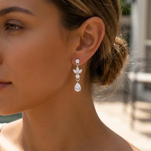 Sonateomber Gold Silver Pearl Rhinestone Dangle Earrings for Women, Elegant CZ Leaf Butterfly Bridal Earings Prom Wedding Fashion Jewelry Gift - color: Silver CZ