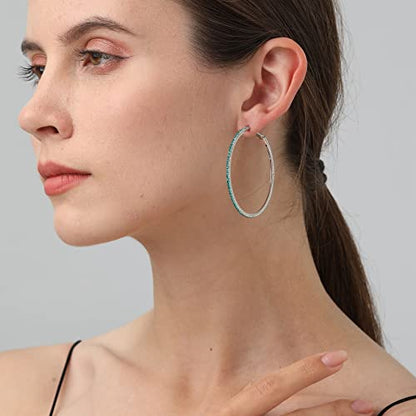 925 Sterling Silver Earrings Large Rhinestone Hoop Earrings Big Cubic Zirconia Hoop Earrings Thin Rhinestones Round Hoop Earrings for Women 20/30/40/50/60/70mm Sparkly Hoops With Crystals for Womens - color: green,50mm