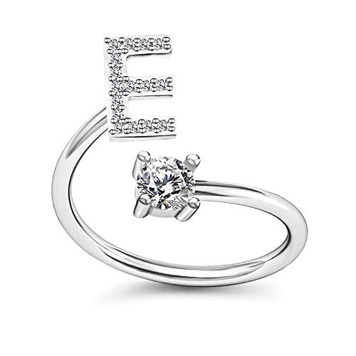 FUTIMELY Initial Letter Ring Alphabet Ring A-Z Silver Crystal Open Adjustable Personalized Initial Ring for Women - style: E