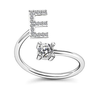 FUTIMELY Initial Letter Ring Alphabet Ring A-Z Silver Crystal Open Adjustable Personalized Initial Ring for Women - style: E