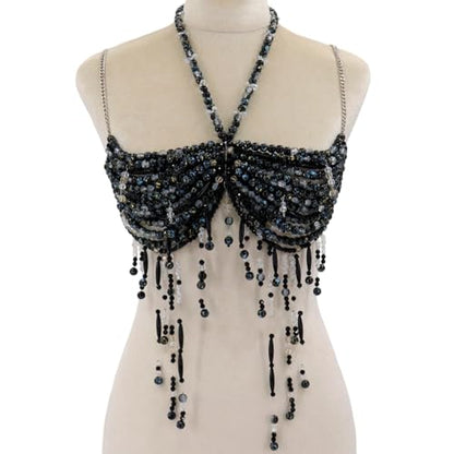 Black Beaded Bra, Body Chain Jewelry, Festival/Burlesque Costume