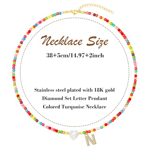 MJartoria Initial Necklaces for Women, Colorful Beaded Necklace, Shell Beach Necklace Letter Choker Handmade Jewelry Gifts - style: N