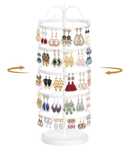 MODOWEY 5 Tier Rotating Earring Holder Organizer Stand, Adjustable Metal Display Tree Rack for Women, 400 Hole and Groove Large Storage for Pierced Stud Dangle Hoop, Compact for Small Dresser, White - color: White, size: 5-Tier