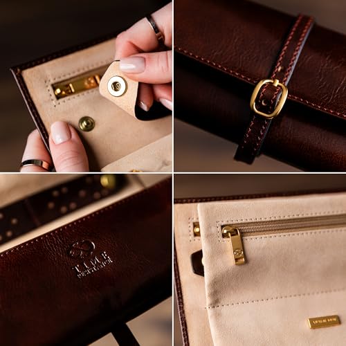 Time Resistance Leather Jewelry Roll - Full Grain Leather Travel Jewelry Case - Jewellery Organizer Made in Italy (Brown) - color: Brown