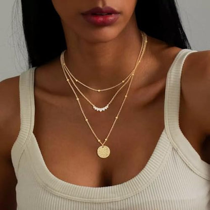 Gold Layered Necklaces for Women, 14K Gold Plated Paperclip Snake Chain Necklace Set, Dainty Coin Cross Tear Pendant Layering Choker Necklaces, Simple Trendy Stackable Jewelry Gifts - color: 3PCS / Coin&CZ&Chain