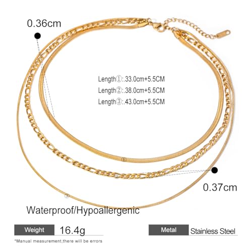 Gold Plated Triple Strand Multi-Layer Snake Figaro Chain Necklace | Non Tarnish Stainless Steel Necklace for Women, Three Layer Chain Necklaces,Versatile Minimalist Style