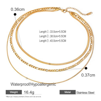 Gold Plated Triple Strand Multi-Layer Snake Figaro Chain Necklace | Non Tarnish Stainless Steel Necklace for Women, Three Layer Chain Necklaces,Versatile Minimalist Style