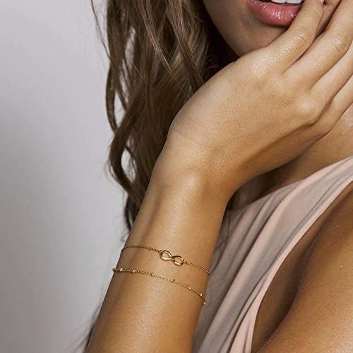 Dainty Gold Bracelets for Women, 14K Gold Plated Adjustable Layered Beads Bracelet Cute Evil Eye Oval Chain Pearl Bar Turtle Gold Bracelets for Women Jewelry - style: Infinity&Beads Chain