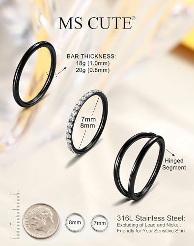 316L Stainless Steel Nose Ring Set – 3PCS Nose Hoops with Cubic Zirconia, 20G/18G, Silver/Black/Gold, 7mm/8mm Sizes, Seamless & Hinged Design for Sensitive Skin Jewelry - color: Black, size: 20g 8mm