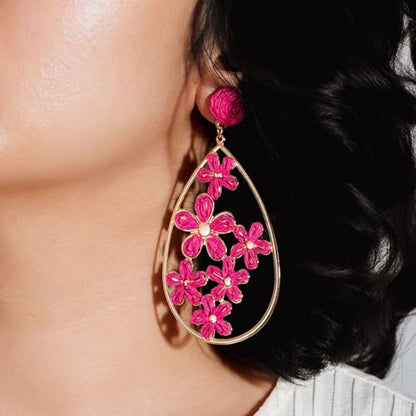 Boho Raffia Flower Teardrop Earrings Cute Colorful Dangle Trendy Jewelry | Floral Drop Statement Big Dangling Earring Hypoallergenic Gold Fun Unique Summer Spring Beach Vacation Outfits for Women - color: Hot Pink