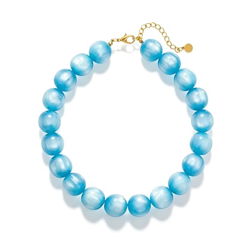 Beaded Necklace for Women Boho Chunky Large Round Beaded Statement Choker Trendy Adjustable Resin Necklaces Summer Beach Jewelry Gifts - color: Light Blue