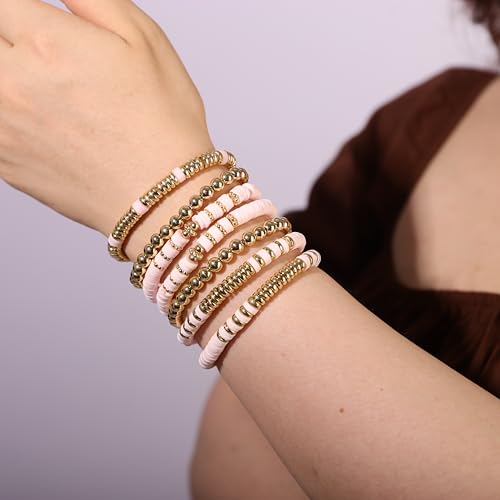 Heishi Clay Bead Bracelets Pack for Women Boho Friendship Stretch Bracelets Set Stackable Gold Beads Bracelets Jewelry for Gift - color: pink