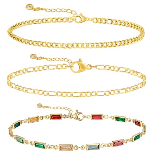 Rotnso Anklets for Women 14K Gold Silver Plated Ankle Bracelets Trendy Waterproof Boho Anklets Set Adjustable Dainty Cute Diamond Beaded Heart Non Tarnish Summer Beach Jewelry Gift - style: 3Pcs Cuban&Baguette&Figaro-GD